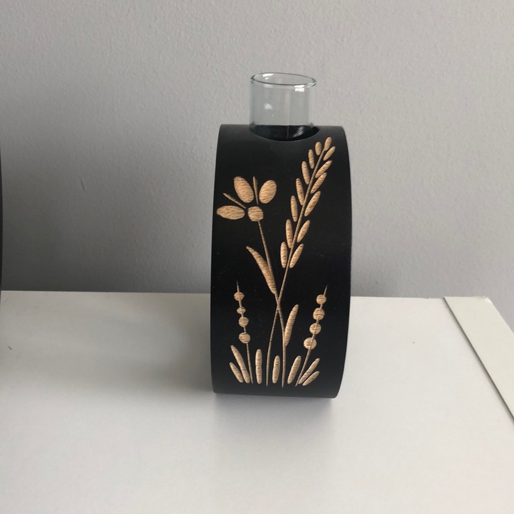 Etched wooden vase and holder.